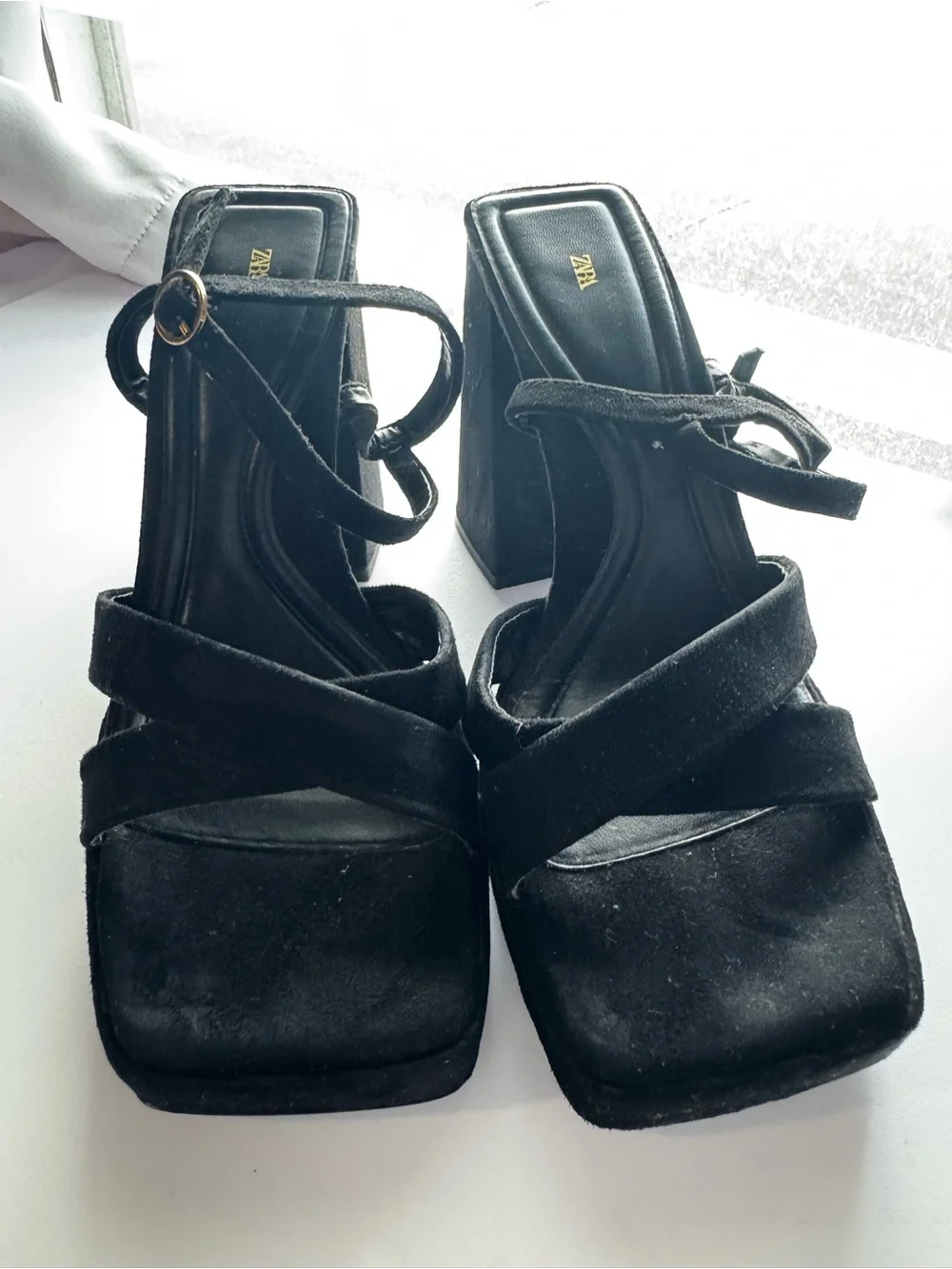 Zara Black Platform Block Heel Sandals with Ankle Strap